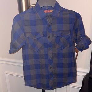 Red Camel Kids blue and grey Plaid Button Down Shirt adjustable sleeves